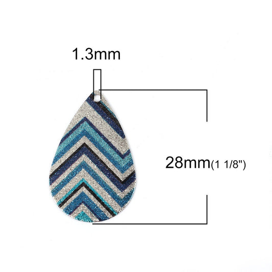 P870 - 10 pcs Silver Tone and Blue Multicolor Teardrop Metal Enamel Dangle Charms Pendants - 28mm x 18mm - 1.1" - Zig Zag - For Earrings, Dangles