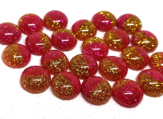 CA690 - 10 pcs Druzy Resin Embellishment Cabochons - 12mm - Glitter Style - Hot Pink with Gold - Bi-Color