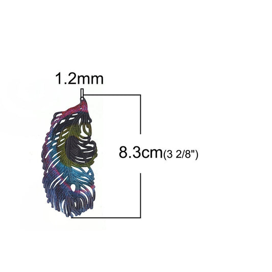 P2214 - 2 pcs. Metal Rainbow Multicolor Enamel Painted Feather Style Pendants Dangle Charms - 83mm (3.28") - Great for Earrings!