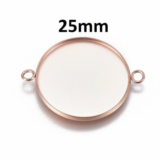 P1183 - 5 pcs. 304 Stainless Steel Rose Gold Circle Round Bezel Cabochon Cameo Connector Tags Trays - 25mm Glue Pad (1 inch) - Tarnish Resistant!