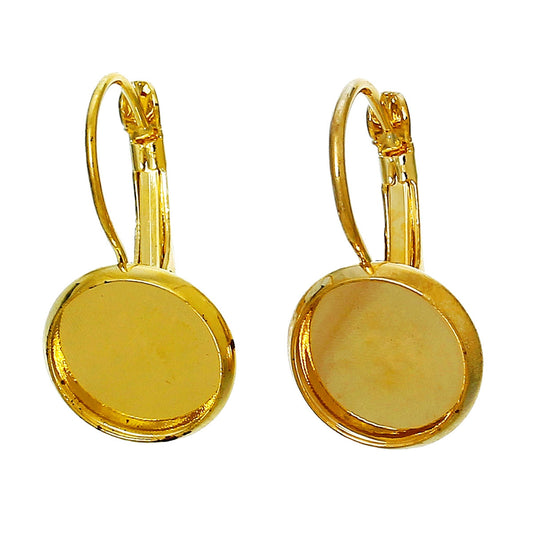 E386 - 10 pcs. Golden Earring Clips Settings Lever Back Bezels Cabochons - 16mm Glue Pad Setting