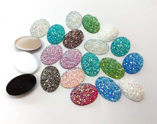 CA613 - 10 pcs Drusy Druzy Resin Embellishment Oval Cabochons - Assortment - Dome - 25x18mm - 25mm x 18mm - 18x25mm - Thickness: 5mm