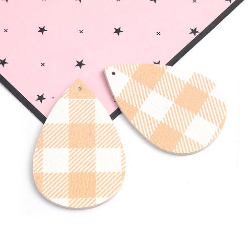 P1089 - 10 pcs Orange and White Faux Leather Dangle Pendants - Teardrop - Gingham Pattern - 56mm (2.2") -Great for Earrings or Dangles! Double-Sided