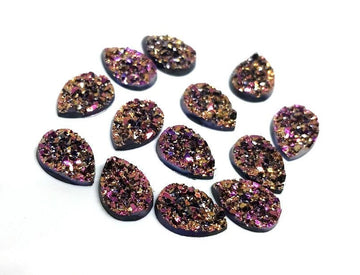 CA661 - 10 pcs Druzy Resin Embellishment Cabochons Magenta Pink Gold Multicolor - 14x10mm - Teardrop - 14mm x 10mm - 3mm Thick
