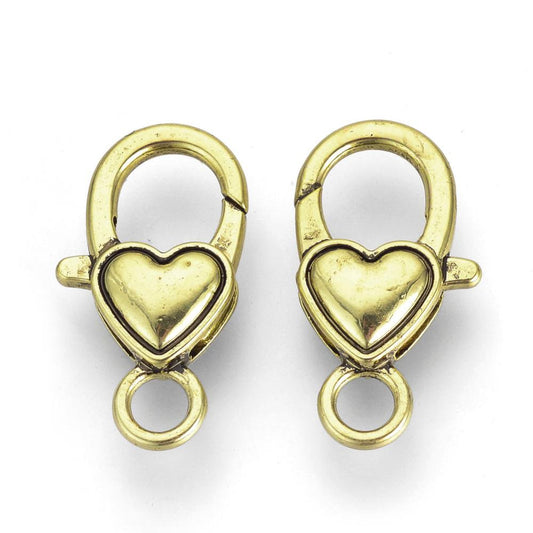 CL144 - 20 pcs. Antique Brass Heart Lobster Clasps - 27mm x 15mm - Claw Clasps