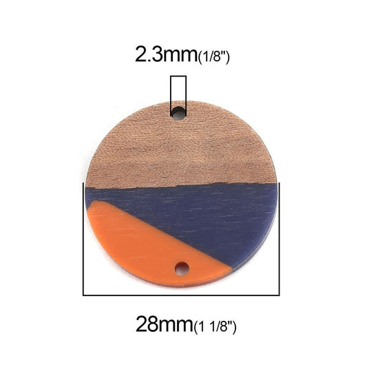 P1170 - 2 pcs. Blue and Orange Resin and Wood Circle Flat Connectors - 28mm (1.1")