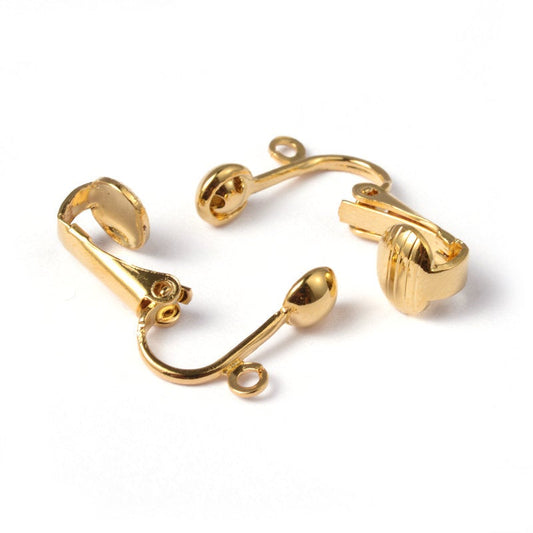 E493 - 10 pcs. Golden Earring Clips Settings Lever Back with Loop - 15mm x 13.5mm - Great for Non-pierced Unpierced Ears