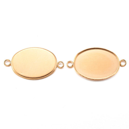 P781 - 10 pcs. 304 Stainless Steel Gold Plated Oval Bezel Cabochon Cameo Connector Tags Trays - 18mm x 13mm Glue Pad - Tarnish Resistant