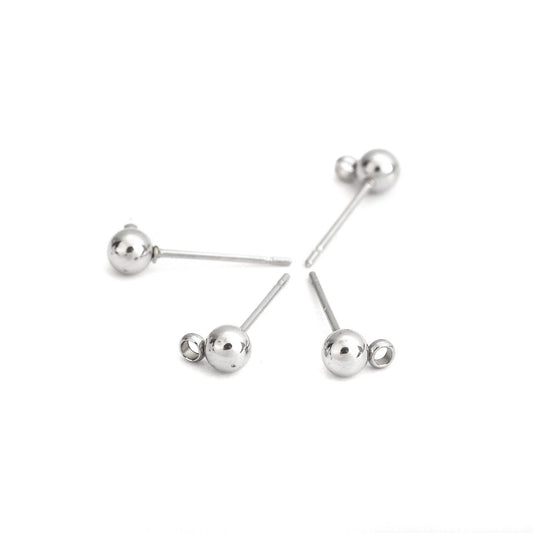 E478 - 10 pcs. (5 pairs) 304 Stainless Steel Earring Ball Posts Settings with Loop - 16mm x 6mm - Silver Tone - 4mm Ball Diameter - with Stoppers