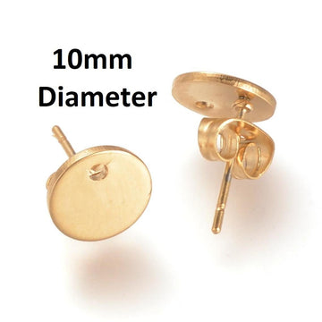 E477 - 10 pcs. (5 pairs) 304 Stainless Steel Golden Earring Posts/Bases/Studs/Settings - 10mm Diameter - Hole Size: 1.4mm