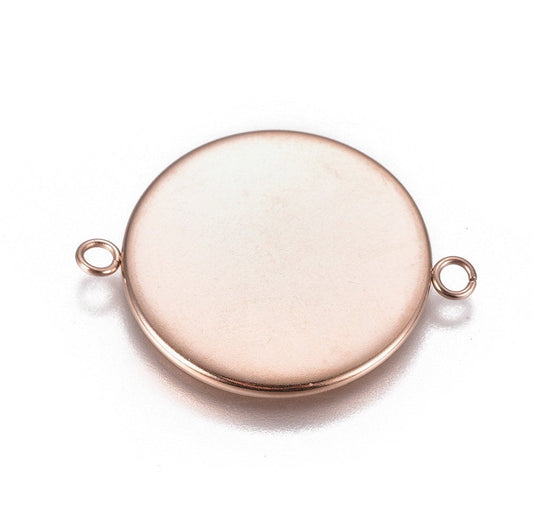 P1183 - 5 pcs. 304 Stainless Steel Rose Gold Circle Round Bezel Cabochon Cameo Connector Tags Trays - 25mm Glue Pad (1 inch) - Tarnish Resistant!