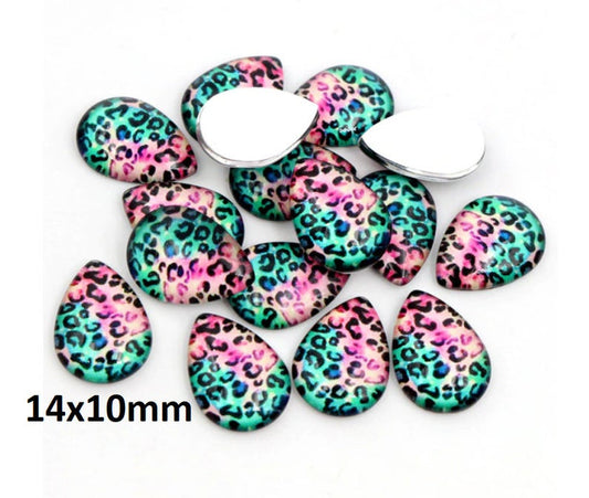 GT019 - 10 pcs Teardrop Leopard Glass Dome Seals Tiles Cabochons - 14mm x 10mm - Teal and Pink