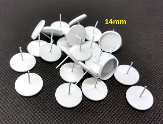 E405 - 20 pcs. White Earring Posts Studs Settings Bezels Cabochons Tacks- 14mm Glue Pad Setting