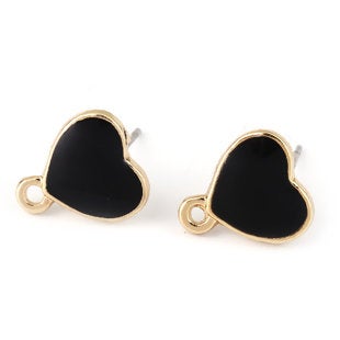 E707 - 10 pcs. Gold Plated with Black Enamel Heart Earring Posts Studs with Loop Cabochons Tacks- 12mm x 11mm Base - 14mm Length - Hole Size: 1.2mm