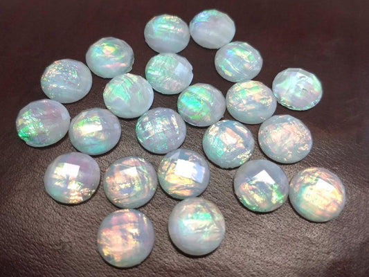 CA922 - 10 pcs Resin Round Embellishment Circle Cabochons Metal Mosaic Foil - White Multicolor - 12mm - Faceted