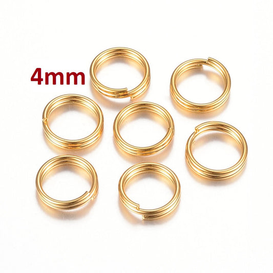 J282 - 50 pcs Double Rings - 316 Stainless Steel Split Jump Rings - Gold Plated - 4mm - 0.45mm Wire Thickness - 0.9mm Double Loop Thickness