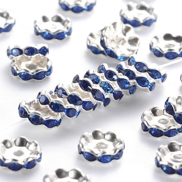 BD294 - 50 pcs Silver Plated Blue Rhinestone Rondelle Spacer Beads - 10mm x 4mm - Hole Size: 2mm