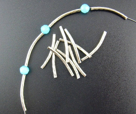 BD351 - 100 pcs. Antique Silver Noodle Tube Long Thin Smooth Curved Beads - 25mm x 2mm (1") - Made of Copper! High Quality! Hole Size: 1.5mm