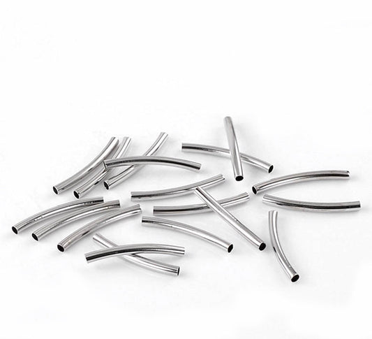 BD402 - 50 pcs. Silver Tone Noodle Smooth Pattern Tube Long Thin Curved Beads - 39mm x 4mm (1.54" x 0.16")