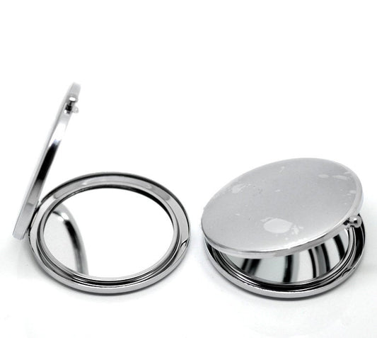 U002 - 1 pc. Silver Circle Make Up Compact Mirror Blanks - 7.7cm x 7cm (3" x 2 3/4") - DIY - Fit 5.8cm diameter cabochons!