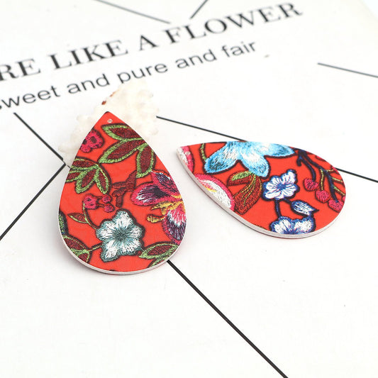 P227 - 10 pcs. Red and Blue Multicolor Floral Embroidered Faux Leather Dangle Charms Pendants - Teardrop - 56mm (2.2") - Double Sided