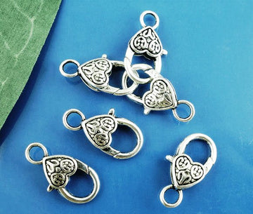 CL145 - 20 pcs. Antique Silver Heart Lobster Clasps - 17mm x 9mm (0.67 inch) - Claw Clasps