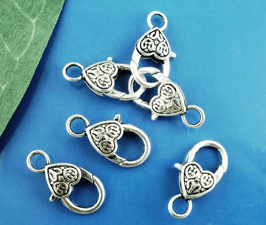 CL145 - 20 pcs. Antique Silver Heart Lobster Clasps - 17mm x 9mm (0.67 inch) - Claw Clasps