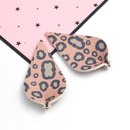 P909 - 10 pcs. Leopard Faux Leather Dangle Charms Pendants - Pinch Leaf - Black Pink - Silver Tone Jump Ring - 62mm (2.5") - Double Sided