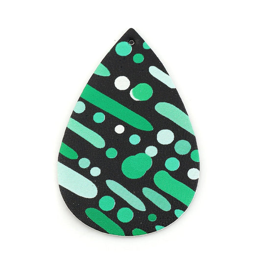 P1045 - 10 pcs. Black and Green Stripe Dot Faux Leather Dangle Charms Pendants - Teardrop - 56mm (2.2") - Great for Earrings! Double Sided
