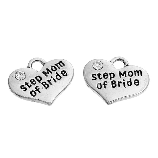 P075 - 4 pcs. Antique Silver "Step Mom of Bride" charm with rhinestone- 17mm X 13mm