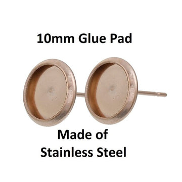 E303A - 2 pcs. Stainless Steel Rose Gold Plated Earring Posts Studs Settings Bezels Cabochons Tacks- 10mm Glue Pad Setting - with Stoppers!