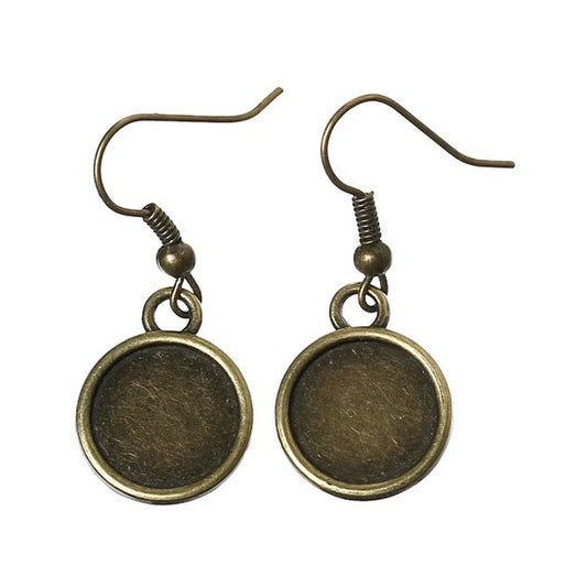 E099 - 10 pcs. Antique Bronze Earring Dangle Hooks Settings Bezels Cabochons - 12mm Glue Pad Setting - Double-Sided