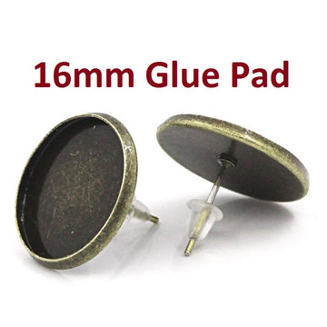 E234 - 30 pcs. Antique Bronze Earring Posts Studs Settings Bezels Cabochons Tacks - 16mm Glue Pad Setting