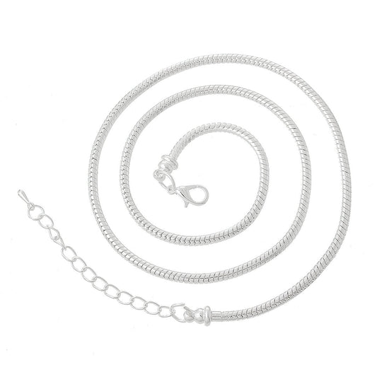 N076 - 2 pcs. Silver Plated Snake Chain Smooth Necklaces - Claw Lobster Clasp 19.7" (50cm) - (3mm) - Fits European Beads and Large Hole Beads!