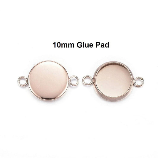 P782 - 10 pcs. 304 Stainless Steel Rose Gold Plated Circle Round Bezel Cabochon Cameo Connector Tags Trays - 10mm Glue Pad - Tarnish Resistant