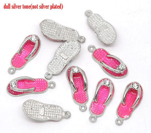 P820 - 10 pcs. Silver Tone Pink Enamel Flip Flops Rhinestone Sandals Charms Pendants - 23mm x 9mm