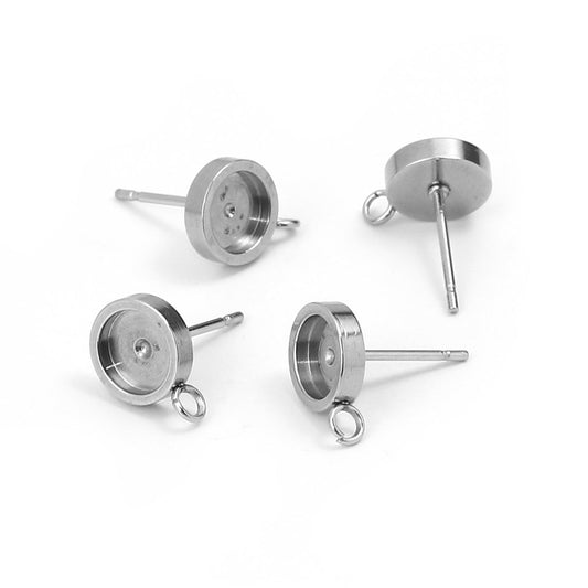 E503 - 10 pcs 304 Stainless Steel Silver Earring Posts Studs Settings Bezels Cabochons Tacks with Loop - 10mm Glue Pad Setting - Perpendicular Loop
