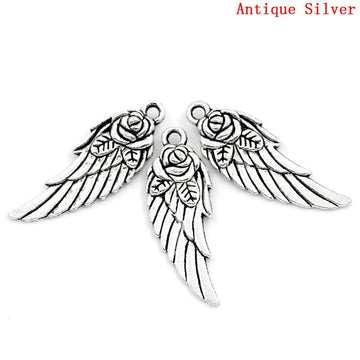 P277 - 10pcs. Antique Silver Flower Carved Wing Charms Pendants - 31mm X 11mm
