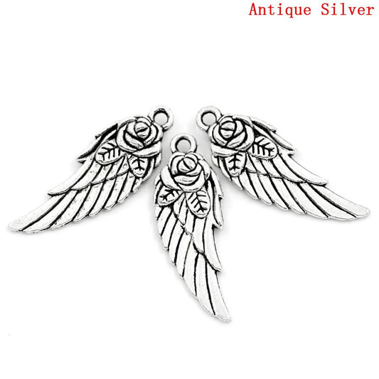 P277 - 10pcs. Antique Silver Flower Carved Wing Charms Pendants - 31mm X 11mm