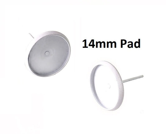 E405 - 20 pcs. White Earring Posts Studs Settings Bezels Cabochons Tacks- 14mm Glue Pad Setting