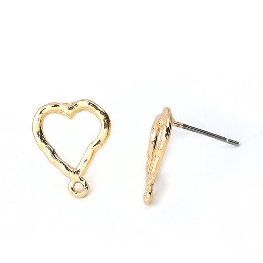 E722 - 10 pcs. (5 pairs) Gold Plated Earring Posts/Bases/Studs/Settings with Loop - Hammered Style - Heart - 14mm x 12mm - Hole Size: 1mm