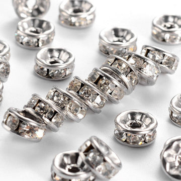 BD762 - 20 pcs. 316 Stainless Steel Clear Rhinestone Rondelle Spacer Beads - Silver Tone - 8mm x 4mm - Hole Size: 2mm - Straight Edges