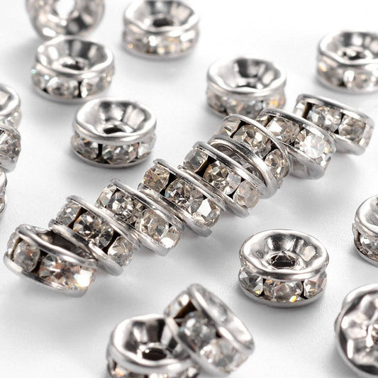 BD762 - 20 pcs. 316 Stainless Steel Clear Rhinestone Rondelle Spacer Beads - Silver Tone - 8mm x 4mm - Hole Size: 2mm - Straight Edges
