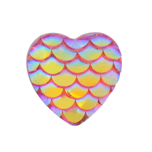 CA287 - 10 pcs Mermaid Fish Scales Resin Carved Embellishment Cabochons - Dark Orange Multicolor - 12mm - Heart