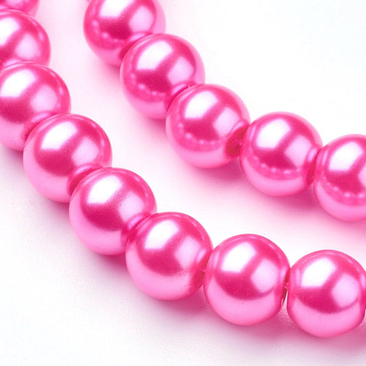 BD082 - 10mm Hot Pink Glass Pearl Imitation Round Beads - 16 inch strand - Approx 42 beads per strand - Hole Size: 1.5mm