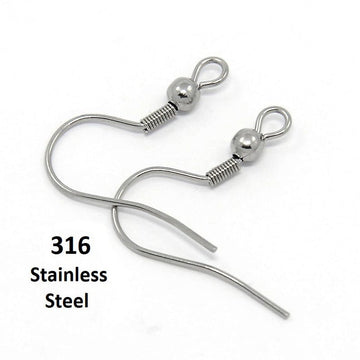 E798 - 50 pcs. 316 Surgical Stainless Steel Silver Tone French Earring Hooks with Spring and Ball - 20.5mm - 3mm Ball - 20 Gauge (0.8mm Thick)