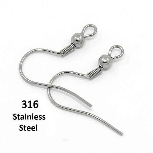 E798 - 50 pcs. 316 Surgical Stainless Steel Silver Tone French Earring Hooks with Spring and Ball - 20.5mm - 3mm Ball - 20 Gauge (0.8mm Thick)