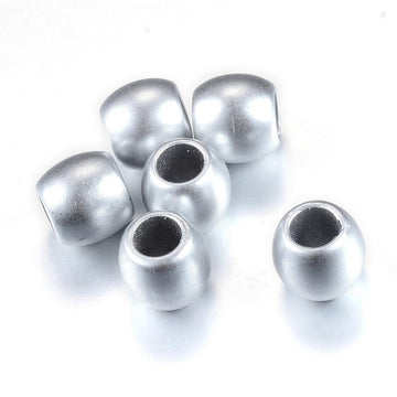 BD733 - 100 pcs Silver Matte Acrylic Smooth Barrel Spacer Beads - 9mm - Large Hole: 4.8mm - Fits European Cords and Paracord!