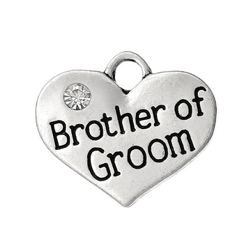 P056 - 4pcs. Antique Silver "Brother of Groom" charm with rhinestone- 16 mm X 14 mm