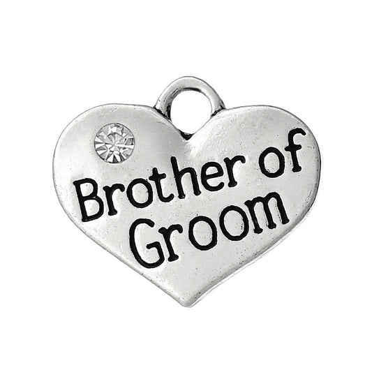 P056 - 4pcs. Antique Silver "Brother of Groom" charm with rhinestone- 16 mm X 14 mm